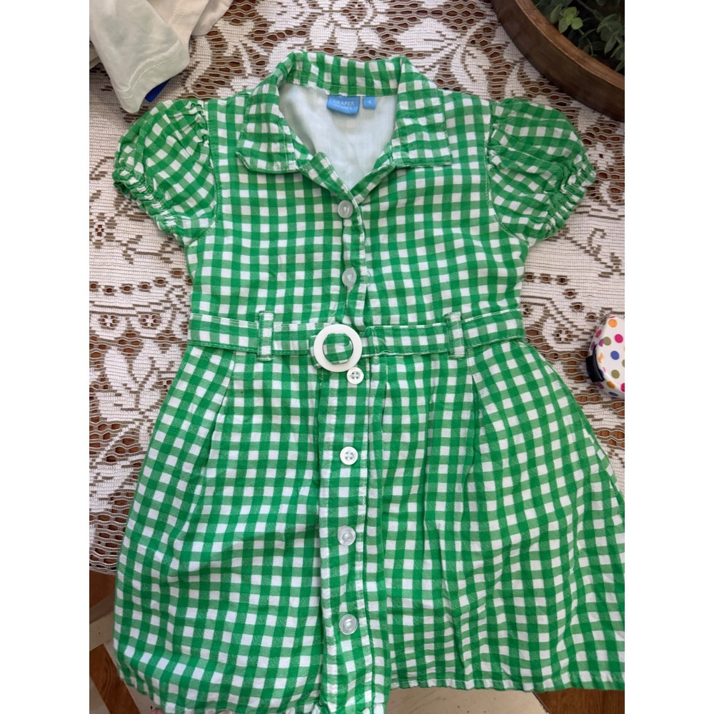 Draper James Girls Green Gingham Belted Shirt Dress Size 4